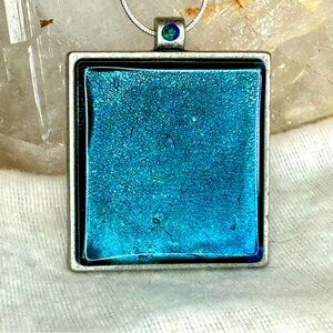 Dichromatic Blue Glass Square Silver Tone Pendant
